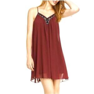 Express Dark Red Beaded Collar Mini Dress XS Cami Top Swing Party Guest Sundress